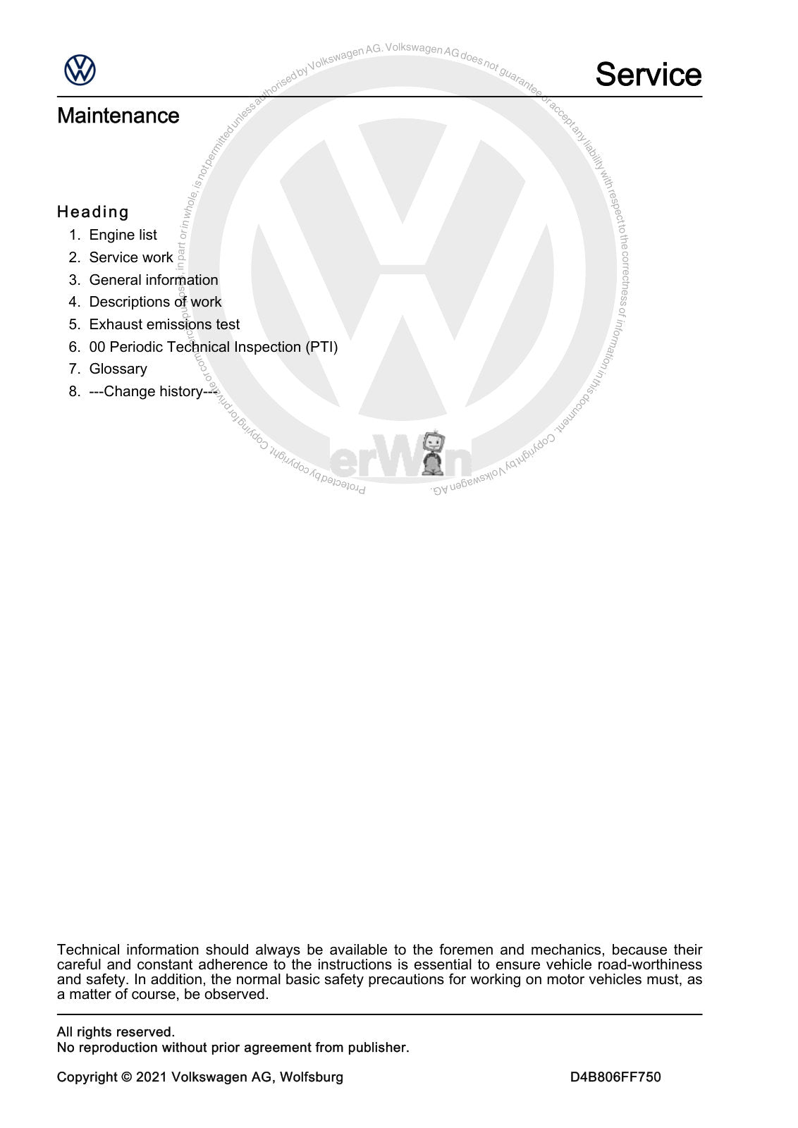 Workshop manual sample — contents (page 2)
