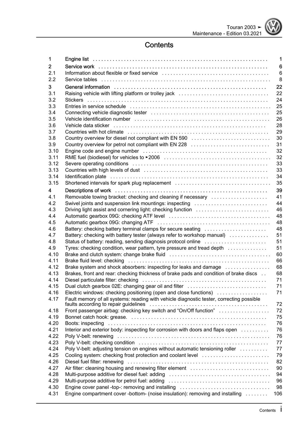 Workshop manual sample — contents/overview (page 3)